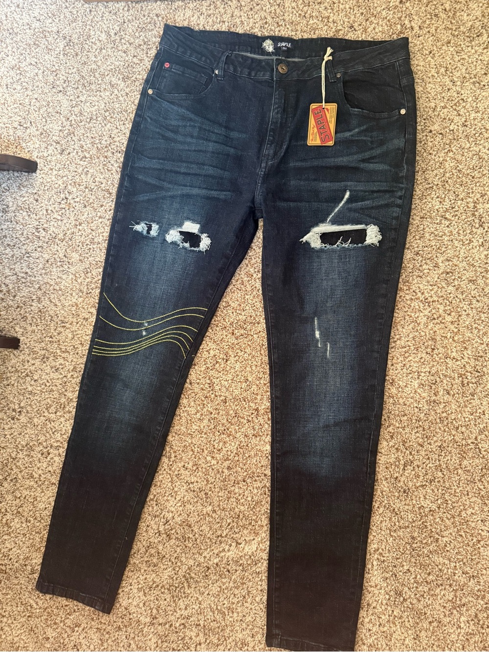 Staple Dark Stone Wash Skinny Jeans with Distressed Knees